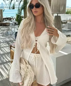 Elegant Lace up With Tie Front Top And Shorts Two-Piece Set
