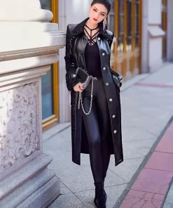 Luxury Elegant Fitted Patchwork Pu Leather Single Breasted Runway Trench Coat